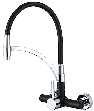 Küchenarmatur Wandarmatur küchenspüle Schwarz, Dolinvo Wasserhahn Küche Wandmontage mit 360° drehbar, Einhebel Spültischarmatur Mischbatterie Wand Armatur Wasserhahn, Verbrühungsschutz Silikonhülle