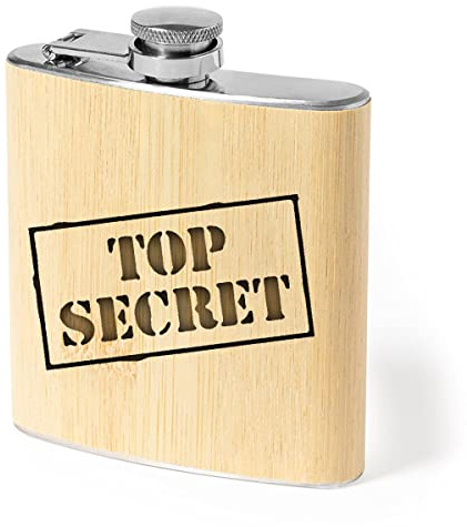 Petaca Personalizada Top Secret - Petacas Personalizadas Alcohol - Petaca Acero Inoxidable y Bambu 200 ml