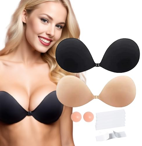 2 Pack Stick on Reusable Adhesive Bra,Nipple Cover & Clothing Tape for Evening Wear Backless Strapless Sticky Adhesive Bra for Evening Dress Size E
