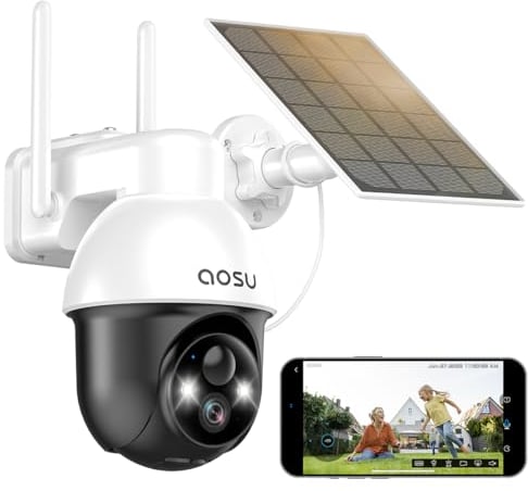 AOSU 2K Solar Überwachungskamera Aussen Akku, Kamera Outdoor mit 360°-Überwachung, Automatischer Personenverfolgung, 10M Farbe Nachtsicht, Licht-und Tonalarm, 2-Wege-Audio, Fernbetrachtung