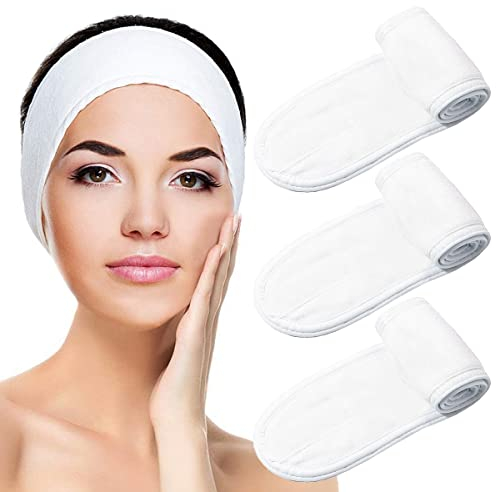 scicent Haarband 3 Stück Kosmetik Stirnband Frottee Schminken Verstellbare Headband mit Klettverschluss Mikrofaser Haarbänder für Make Up, Sport, Yoga, Spa, Gesicht (Weiß), 1307
