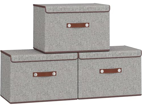 Vantimo 3er Set Aufbewahrungsbox mit Deckel, Faltbare Stoffbox mit PU Griff, Aufbewahrung für Kleidung, Spielzeug, Bücher, Decken, Schrank, Schlafzimmer, Wohnzimmer Aufbewahrungsbox, 38x25x25,Grau