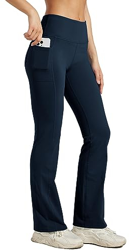 WILLIT Damen Thermo Flare Leggings Winter Fleece gefütterte Yogahose Warm Sportleggins Laufhose Bootcut Hose High Waist mit Taschen Dunkelblau M