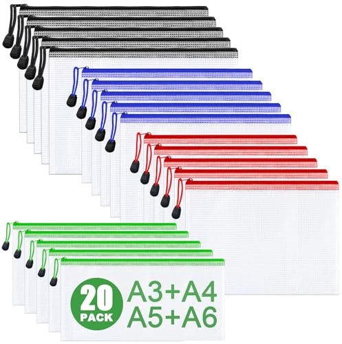 20 Pcs Dokumententasche mit Reißverschluss A3+A4+A5+A6, Wasserdichte Document Case, Mesh Plastic Zip Bag, Reißverschlusstasche, Zipper Pockets für Datei,Papier, Quittungen, Kosmetika, 4 Farben