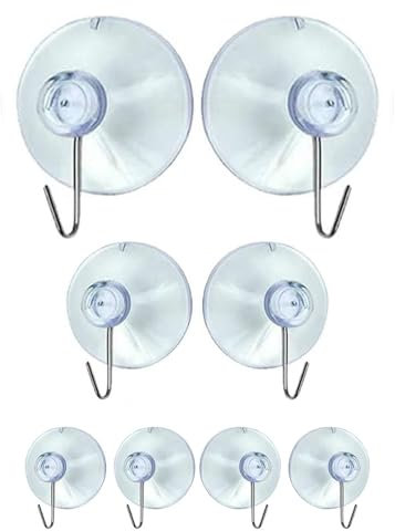 AKH® 8 x Clear Suction Hooks | Rubber Sucker Pads with Metal Hook in Assorted Sizes | Strong Hanging Hook for Xmas Hanging Decorations Signs Mirror Glass Kitchen Bathroom Wall Festivals Deco