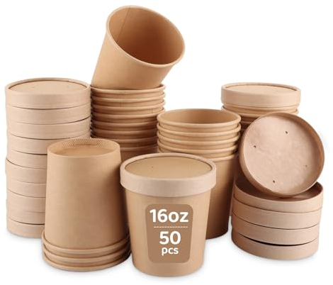 MEIDIV Lot de 50 récipients à soupe jetables avec couvercles en papier kraft marron pour aliments chauds, charcuterie, soupe