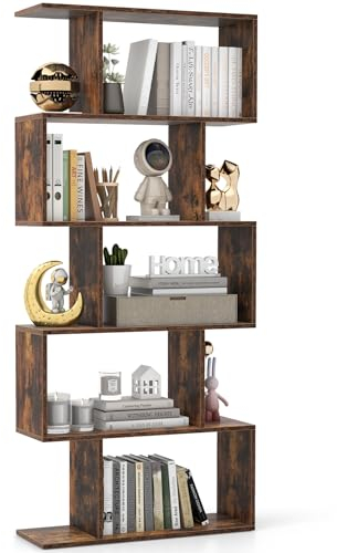 GOPLUS Bücherregal mit 5 Ebenen, Stufenregal aus Holz, Raumteiler Regal mit Kippschutz, Standregal Büroregal für Wohnzimmer, Büro, 70 x 23,5 x 158 cm (Braun, 5 Ebenen)