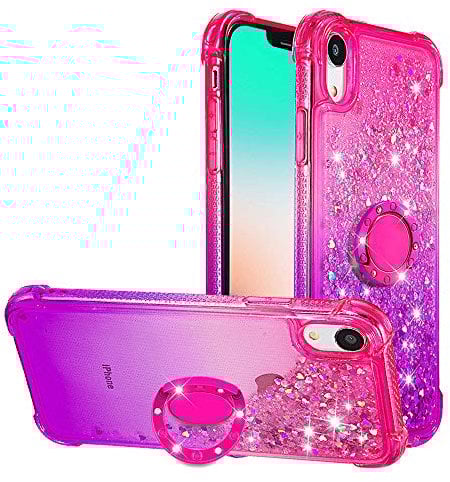 Reevermap iPhone XR Phone Case with Ring Holder Kickstand, Clear Glitter Liquid Floating Silicone Case Sparkle 360 Degree Rotating Ring Grip Case Cover for Girls Women, Pink & Purple
