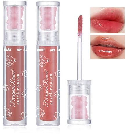 Hydrating Bear Lip Glaze Jelly Lipstick,Moisturizing Shimmery Water Glossy Lip Stain,Long Lasting Nourishing Plumping Tinted Cute Bear Lip Oil Gloss,Lightweight High Shine Lip Makeup for Women(2PCS)