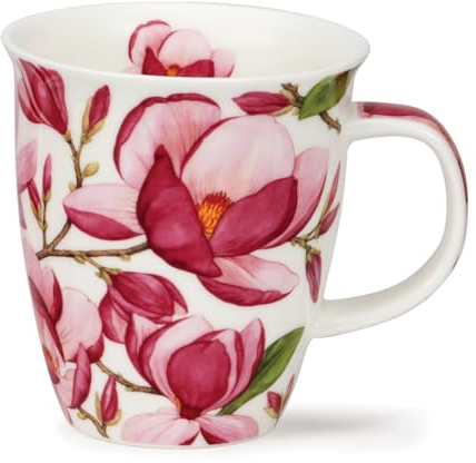 Dunoon Nevis - Taza de porcelana fina (0,48 L), diseño de magnolias (color rosa oscuro)