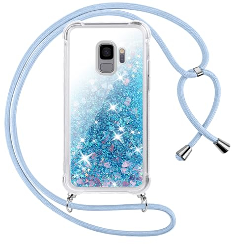 Vauki handyband für Samsung Galaxy S9 Hülle mit Band,Silikon Durchsichtig Transparent Flüssig Glitzer mit Kette Kordel Bumper Treibsand Necklace TPU Schutzhülle Case,Blau