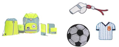 LÄSSIG 7-teiliges Schulranzen Set Kinder/School Set Flexy Unique blau/neon-gelb & Textilsticker selbstklebend, zum Aufbügeln/Textile Woven Sticker Stick on Football