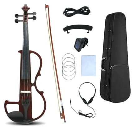 WUQIMUSC Violín eléctrico silencioso 4/4 tamaño completo violín eléctrico silencioso cuerpo de madera maciza accesorios de ébano con funda, arco, auriculares, cable, cuerdas para estudiantes,