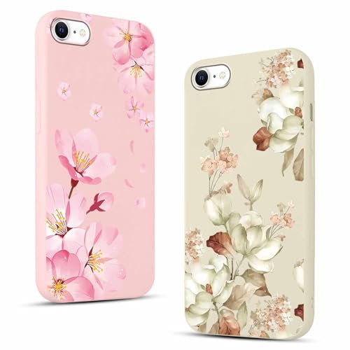 ZhuoFan 2 Pièces Coque pour iPhone 8/7 / SE 2020 / SE 2022 avec Fleur Motif Étui en Silicone Rose Beige Antichoc Souple Ultra Mince TPU Bumper Housse de Protection Case 4,7 Pouce Cover, Fleurie