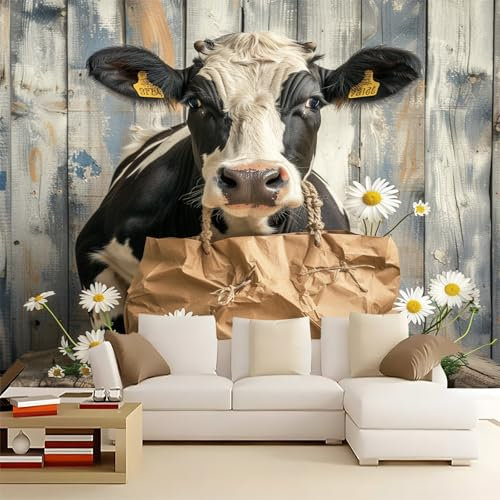 Fototapete 250x175cm Tiermuster Kuh Holz 3D Effekt Hochwertige XXL Moderne Wanddeko Tapete, Farbenfroh Vlies Tapete Wandbild für Wohnzimmer Schlafzimmer Büro