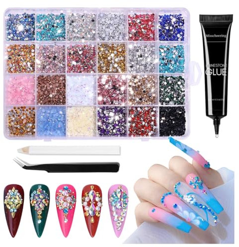 DouborQ 24 Color Flatback Nail Gems Rhinestones Kit with Glue Tweezers and Picking Pen, for Nail Art, Crafts, Jewelry, DIY Projects