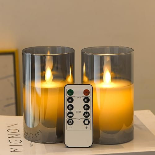 FiiMoo 2 Stück LED Kerzen, Batteriekerzen, Batteriebetriebenes Kerzen, Halloween Kerzen, Grau Glas Flammenlose Kerzen, LED Kerzen mit Fernbedienung, Festliche Kerzen, Flackernde Flamme Kerzen-10cm