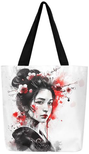 Loussiesd Japanische Kunst Geisha Leinwand Einkaufstasche Frauen Kirschblüten Stoffbeutel Japanischer Stil Tragetasche Japanische Tradition Ästhetisch Einkaufsbeutel Bag