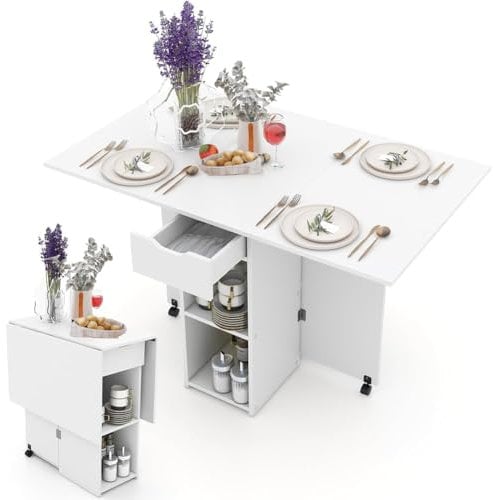 Shally Dogan Klappbarer Esstisch mit Rollen, zusammenklappbar, mit 2 Ablagen und 1 Schublade, modernes Design, vielseitig einsetzbar, ideal für Zuhause, Büro, 120 x 77 x 75 cm (weiß)