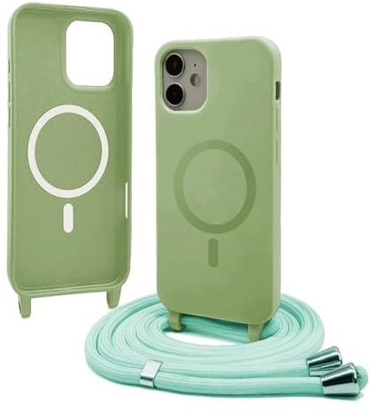 Bigcousin Handykette für iPhone 12 Mini Hülle mit Band,Magnetisch kompatibel mit Magsafe,Silikon Necklace Handyhülle mit verstellbar und abnehmbar,Matcha Grün