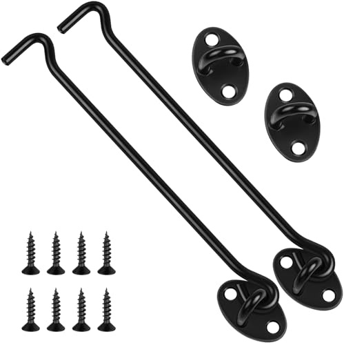 Confezione da 2 ganci e chiusure a occhiello, 20,3 cm, colore nero, in acciaio inox, chiusura facile per porte scorrevoli, con viti, per esterni, giardino, capannone, patio, finestre, cancelli in