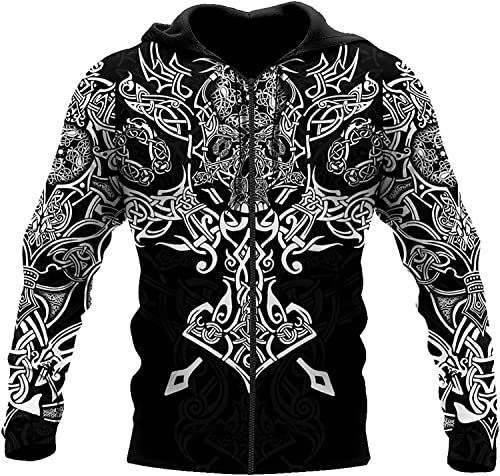 TQWSVUM Norse Mythology Viking Hoodie for Men,Skull Thor's Hammer Totem Printed Fashion Zip Sweatshirt Jacket Pullover