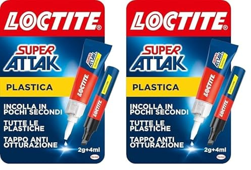 Loctite Super Attak Plastica, Colla per plastica istantanea, Tubetto di colla liquida trasparente specifica per tutti i tipi di plastica, Colla cianoacrilica con attivatore, 2g+4ml (Confezione da 2)