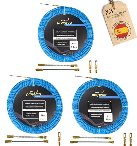PROFERCA (3 Unidades) Guia Pasacables Profesional de 6mm y 30 Metros de Poliéster Trenzado con Terminales Intercambiables | Para grandes tuberías | Especial jardines y Tuberías Grandes
