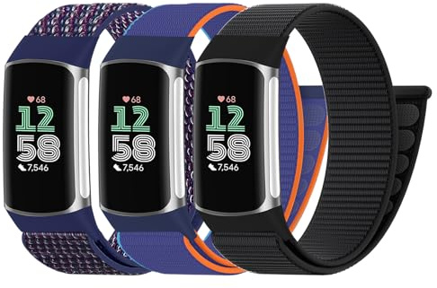Zspoly 3 Stück Nylon Sport Loop Armbänd Kompatibel mit Fitbit Charge 6 Armband/Fitbit Charge 5 Armband Damen Herren, Hook Verstellbares Stoff Atmungsaktiv Sport Loop Band