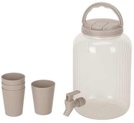 3.75 Litre Plastic Drinks Dispenser with Tap, Lid & Handle – Includes 4 Cups – Ideal for Water, Juice, Punch & Cocktails (Brown)