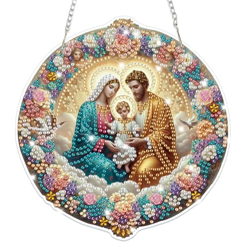 Lxmsja Jesus Diamond Painting Anhänger, 5D Diamond Painting Fensterbilder Krippenszene für Erwachsene Kinder, Ostern Bastelset Kreativ Set Ornament Tür Fenster Wand Decor