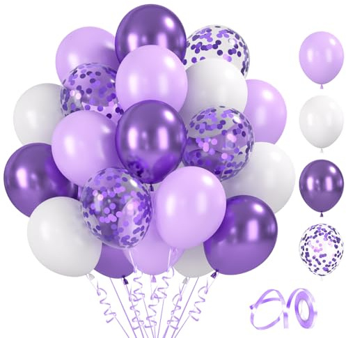 BlooMoo 60 Stück Luftballons Lila Weiß, 12 Zoll Latex Luftballons Macaron Lila Weiß, Metallic Ballons und Konfetti Ballons Set, für Geburtstag Hochzeit Party Dekoration