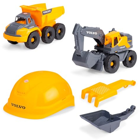 Dickie Toys - Volvo Baustellen-Set Construction (5-TLG.) - großer Spielzeug-Bagger und Muldenkipper (je 26 cm) mit Helm, Schaufel & Rechen-Sieb, Auto- und Sandspielzeug für Kinder ab 3 Jahre