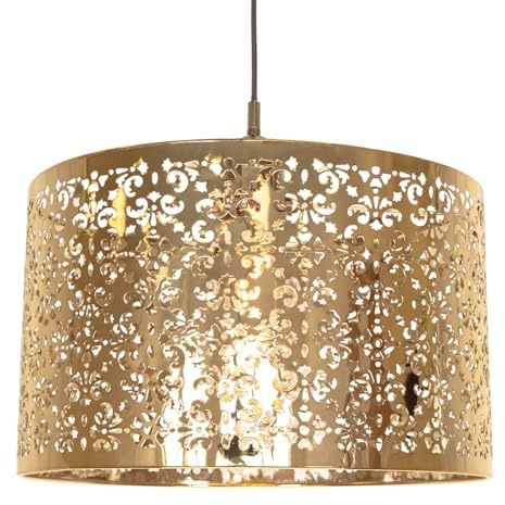 Unique Moroccan Designed Large Polished Gold Metal Circular Pendant Lighting Shade with Laser Cut Floral Decor | 40cm Diameter by Happy Homewares
