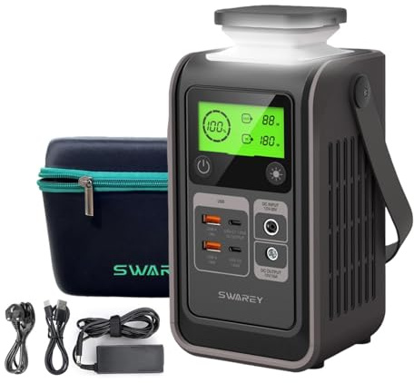 SWAREY DC Powerstation S200, 192Wh LiFePO4, Solargenerator mit 65W Netzteil | 140W Beiseitige Schnellladung USB-C, 180W Powerbank für Camping Reisen Notfälle
