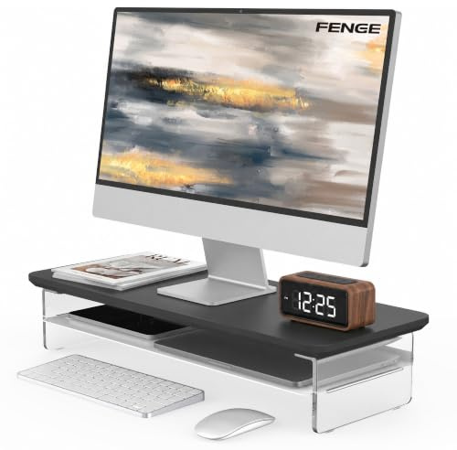 Fenge Monitorständer Acryl, Laptop PC TV, Monitor Stand, Schwarz, 60cm | Bis 45kg, Schwebendes Design, Metallablage, Rand Gegen Herunterfallen, Rutschfeste Füße, Bildschirm Schreibtisch Büro Zuhause