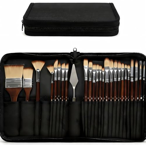 Professional Paint Brush Set, 26 Piece Artist Brushes with Anti-Shedding Nylon Bristles, Assorted Sizes, Portable Roll, for Acrylic, Watercolour, Oil, Gouache and Craft Painting