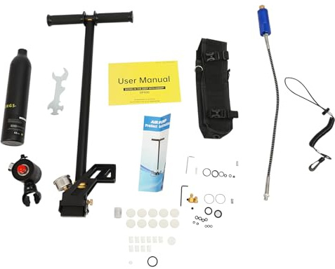 BREXOLP Botella de oxígeno portátil de 0,5 l, equipada con válvula de seguridad y manómetro, bomba de mano incluida, adecuada para respiración subacuática, snorkel y emergencias