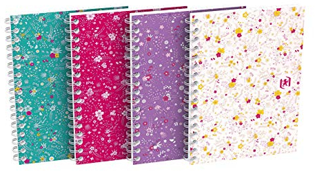 Oxford Spiral Notizbuch A5 Floral kariert, 120 Seiten, Softcover, 4 Designs, 5 Stück