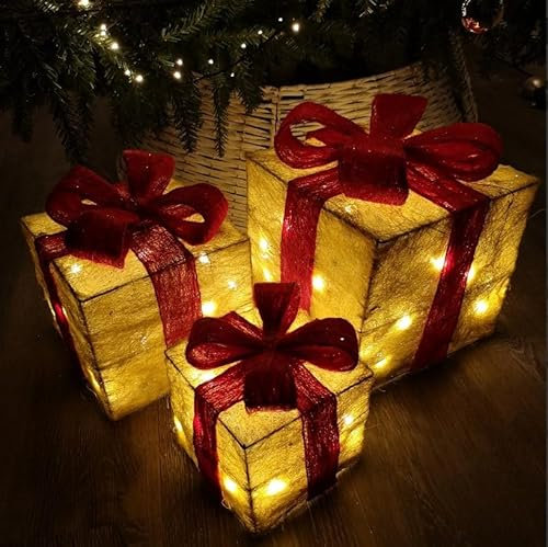 Marco Paul Christmas Set of 3 Snow Frosted Light Up Faux Gift Boxes Pre-Lit Warm White LED Parcels Battery Operated Festive Decoration Xmas Sparkly Gifts (Red and Gold)
