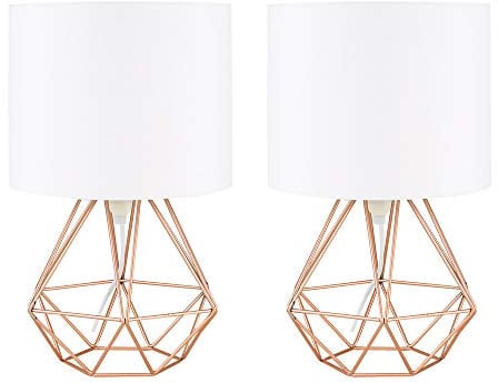 MiniSun | Modern Copper Metal Basket Table Lamps with White Fabric Shades | Table Lamps, Home Décor & Improvement Essential | Set of 2 | Includes 4W Bulb [3000K Warm White]