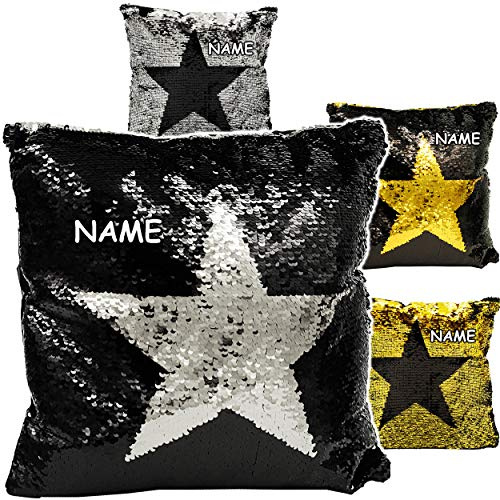 alles-meine.de GmbH Wende Pailletten - Kissen/Schmusekissen/Sitzkissen - Stern - Silber - Gold & schwarz - inkl. Name - Farbwechsel Glitzer - 40 cm * 40 cm - Kuschelkissen - ..