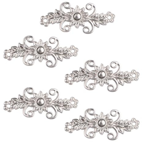 WANDIC Lot de 5 paires de pinces à cardigan, fleurs de chrysanthème rétro à coudre sur crochets et œillets pour cardigan, cape, châle, nickel blanc