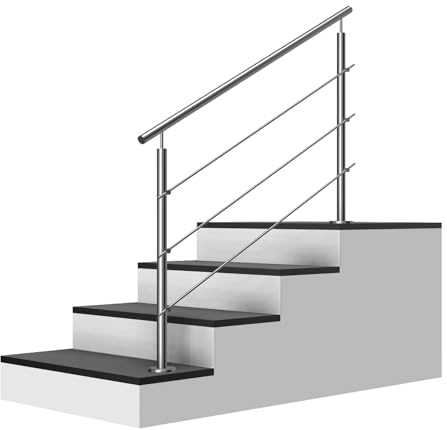 Edelstahl Treppengeländer Aufmontage, 1,4m lang, 0,9m hoch, Außengeländer, je 2 Pfosten + 3 Querstreben + Handlauf mit Trägerplatten + Zubehör, Winkelverstellbar (L:1400mm H:900mm)