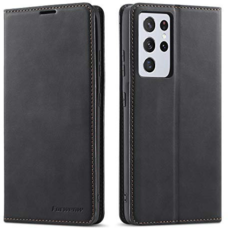QLTYPRI Case for Samsung Galaxy S21 Ultra 5G, Premium PU Leather Cover TPU Bumper with Card Holder Kickstand Hidden Magnetic Adsorption Flip Wallet Case Cover for Samsung Galaxy S21 Ultra 5G - Black