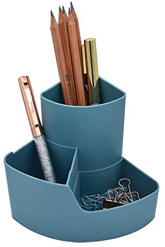 SIPLIV Pot à crayons en plastique multifonctionnel à 3 compartiments pour pinceaux de maquillage, pot à stylos, organiseur de fournitures de bureau, bleu
