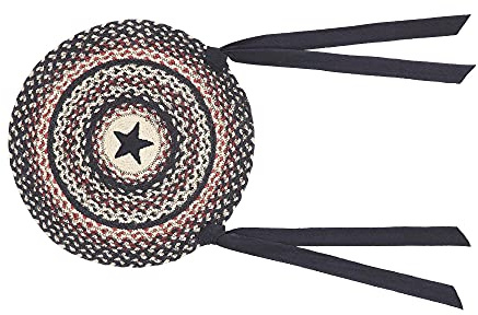 VHC Brands Colonial Star Round Seat Cushion Chair Pad, Tan Black Red, Jute Blend with Ties, 15x15 Inches