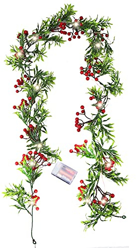 Gukasxi 175cm Christmas Garland Red Berry Artificial Vine Snow Flocked Cypress Pine Garland Hanging Berry Wire Vine for Indoor Outdoor Home Wedding Winter Party Dinner Door Frame Backdrop Decoration