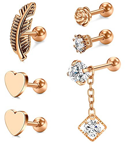 D.Bella Boucle d'oreille Clou de Cartilage Helix Stud Tragus Anneaux 16G en Acier Inoxydable Tragus Avant Helix de Or Rose Piercing Bijoux 6Pcs
