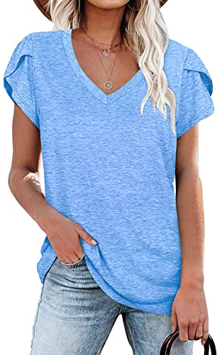 PLOKNRD Damen Tops V-Ausschnitt Blütenblatt Ärmel T-Shirt Sommer Freizeit Kurzen Ärmeln Strand Oberteile(Himmel blau,XL)